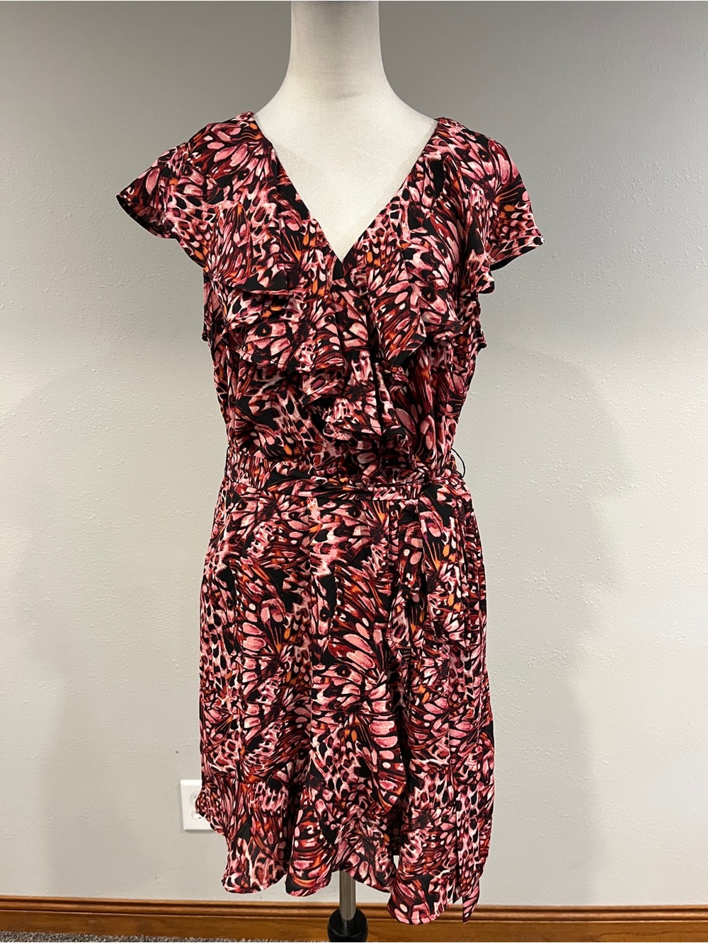Max+Ash Pink Floral Ruffle mini fake Wrap Dress size extra large